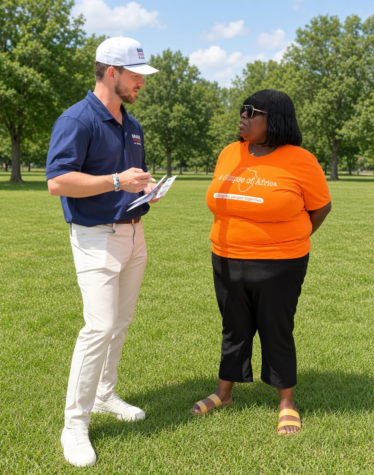 Brady Middleton talking with a community member while door-knocking at a park